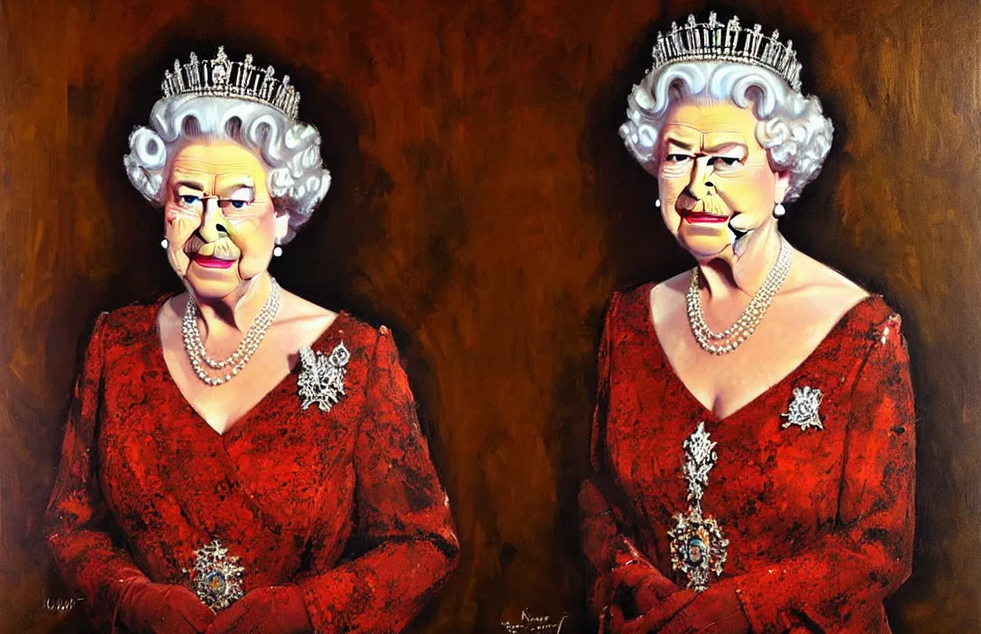 Image similar to portrait of queen elizabeth ii!!!!!!!!!!!!!!!!!!!!!!!!!!!, detailed face, detailed painting, epic lighting, by ilya repin, phil hale and kent williams