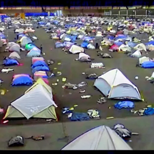 Image similar to cctv footage of homeless tent city in walmart, high angle security camera feed, blurry and glitchy,