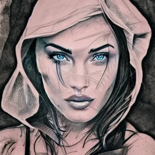Image similar to realism tattoo sketch of double exposure megan fox with beautiful mountain scenery, in the style of andrey lukovnikov