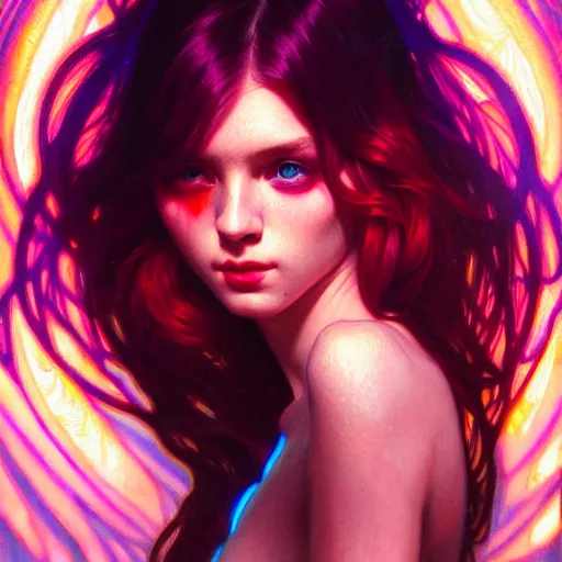 Image similar to bright asthetic portrait LSD glowing backlit, fantasy, intricate, elegant, dramatic lighting, highly detailed, lifelike, photorealistic, digital painting, artstation, illustration, concept art, smooth, sharp focus, art by John Collier and Albert Aublet and Krenz Cushart and Artem Demura and Alphonse Mucha