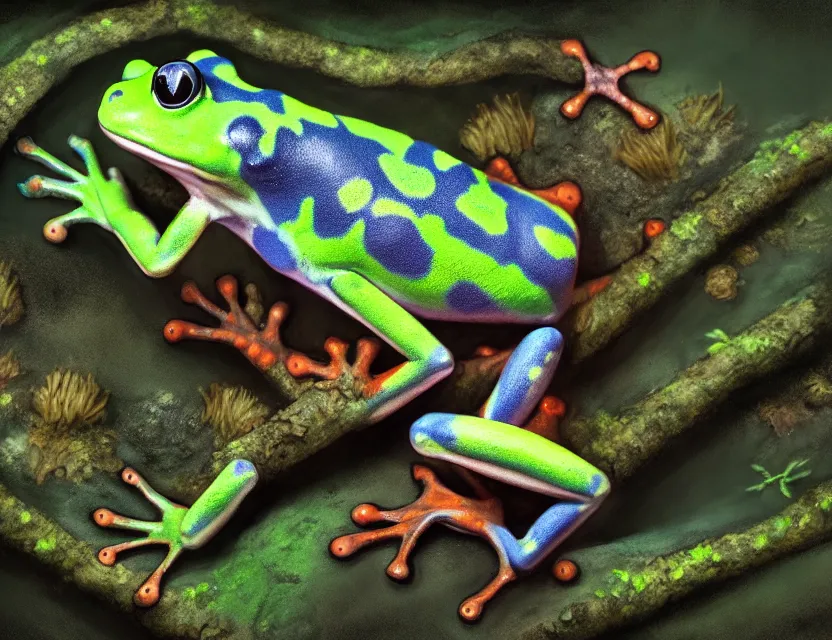 Image similar to anthro dart frog alchemist in the lichen woods. safe for work, muted complementary colors, anime still, luminescent, 4 k, chiaroscuro, rimlight.