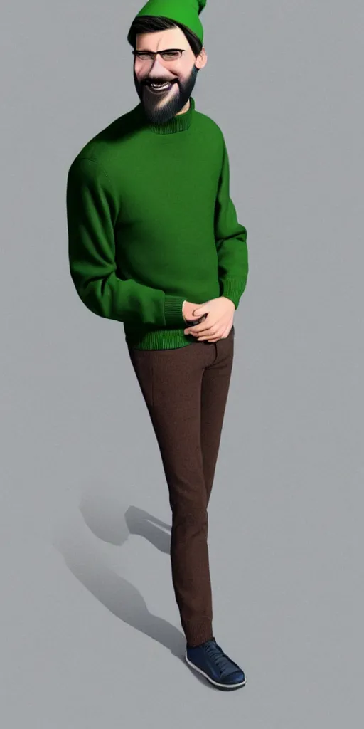 Prompt: a young man with a chin - style brown beard without mustache in a black cap, a light green turtleneck sweater and a white sneakers, in full height, smile face, unreal engine, digital painting, vivid colors, vibrant colors, sharp focus illustration, artstation hq. intricate, elegant, medium shot, art by wlop