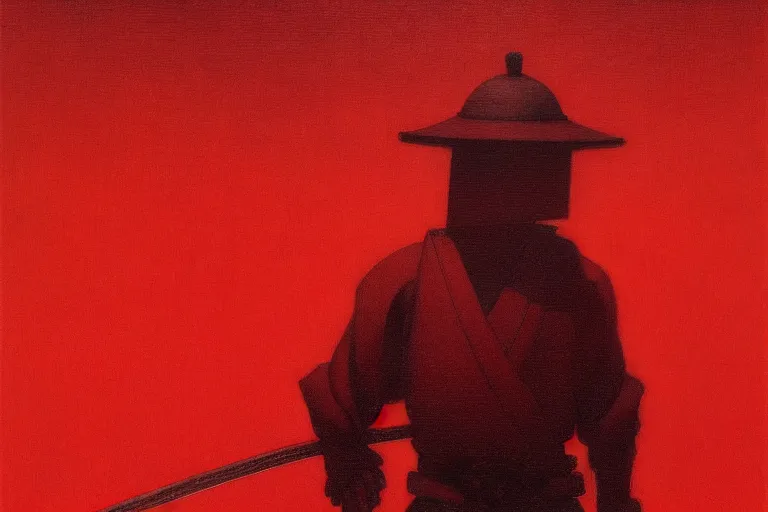 Image similar to only with red, a red samurai harakiri, tokio, a lot of frogs watch, in the style of beksinski, parts by edward hopper, parts by rodcenko, parts by yue minjun, intricate and epic composition, red by caravaggio, insanely quality, highly detailed, masterpiece, red light, artstation, 4 k