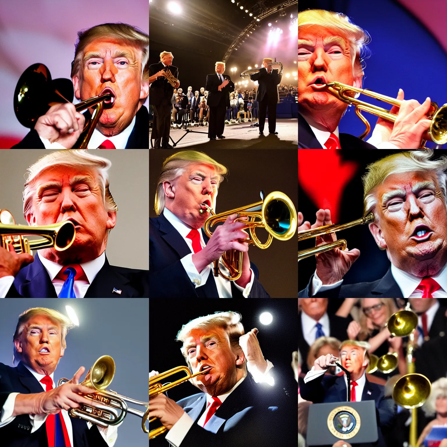 Prompt: donald trump playing the trumpet, stage light