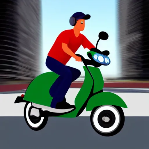 Image similar to advertisement delivery driver on moped delivering packages, extremely high quality, artistic rendering, cartoon, sharp, no blur, edited, white background