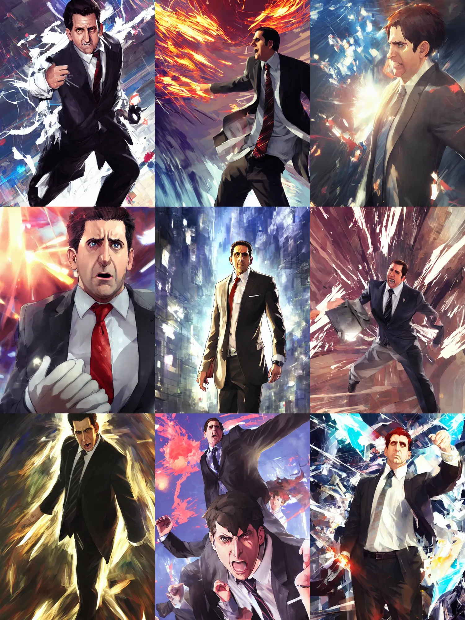 Prompt: a ultradetailed concept art of the moment when michael scott from the office have awoken his persona, dynamic lighting, cinematic lighting, dramatic lighting, oil panting, high resolution, 4 k, by shigenori soejima and masayoshi suto