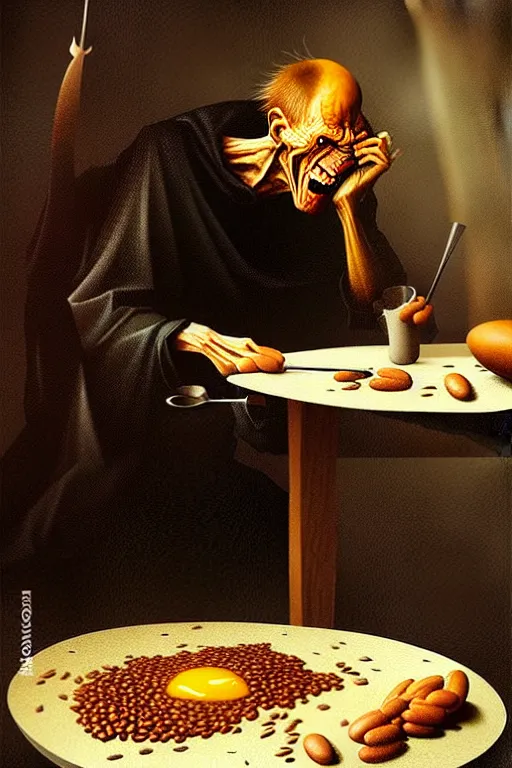 Image similar to hieronymus bosch, greg rutkowski, anna podedworna, painting of willem dafoe eating baked beans and eggs