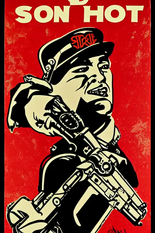 Prompt: strike while the iron is hot propaganda screen printing poster, art style wwii posters, shepard fairey, obey, street art, iconic, masterpiece, ornate and hyper detailed