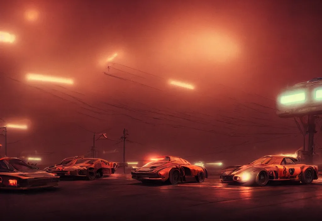 Prompt: dramatic epic stunning beautiful and insanely detailed matte painting of a foggy night with race cars and red lights, lens flares, atmospheric and vaporwave composition, digital art by Kilian Eng and Simon Stalenhag, masterpiece, fantastic, octane render, 8K HD Resolution, High quality image