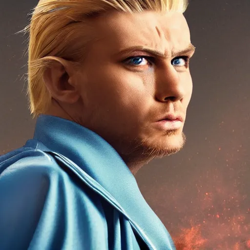 Image similar to portrait of a blonde masculine man two sides hair and thin face lines, he is angry, he wears a blue costume, with golden eagles head on the shoulders in shoulder pads, 8 k, hyper realistic, movie imax shot, film, cinematography, red