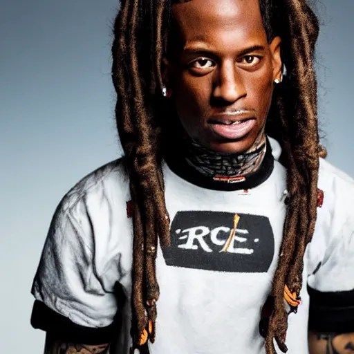 Image similar to travis scott action figure with dreads standing on top of a black rc pickup truck, close up studio photograph, white background