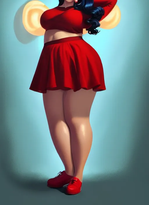 Image similar to full body portrait of teenage veronica lodge, obese, bangs, sultry, realistic, sultry smirk, wavy hair, red skirt, fat, belly, intricate, elegant, glowing lights, highly detailed, digital painting, artstation, concept art, smooth, sharp focus, illustration, art by wlop, mars ravelo and greg rutkowski