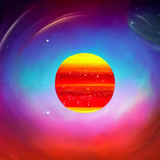 Prompt: colorful planet landscape, three suns, vibrant colors, hyper realistic