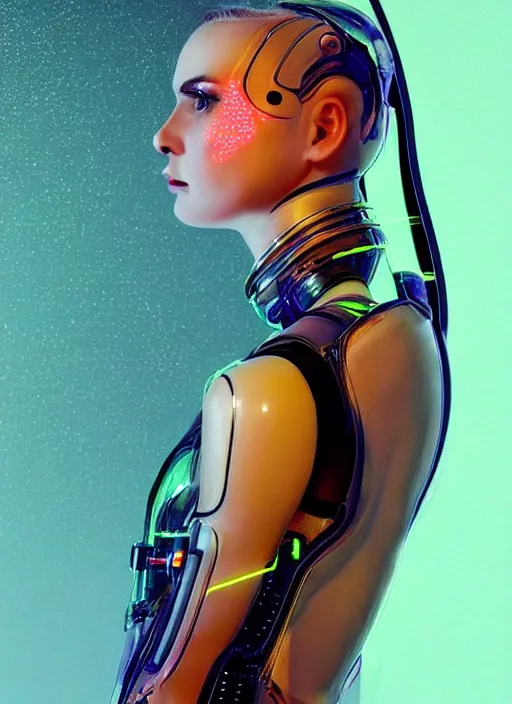 Prompt: a beautiful female humanoid with freckles cheeks, long eyelashes, cyber neon lighting, futurism, intricate futuristic jewelry, futuristic glossy latex suit, transparent plastic sleeveless vest, profile posing, hyper photorealistic, crispy quality, digital photography, trending in artstation, trending in pinterest, cinematic, 4 k ultra hd, art by pascal blanche, art by greg rutkowski,