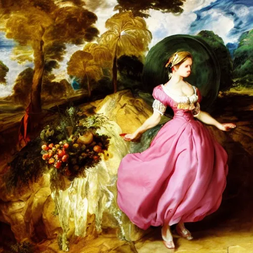 Image similar to heavenly summer sharp land sphere scallop well dressed lady standing next to a honda civic, auslese, by peter paul rubens and eugene delacroix and karol bak, hyperrealism, digital illustration, fauvist, standing next to a honda civic