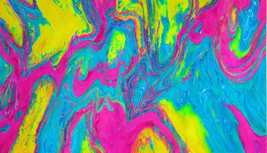 Prompt: acrylic paint pour, marbling, very detailed, large white border, 144x144 canvas, hd, high resolution print :1 Cyan, Pink, White, Yellow and Black :1