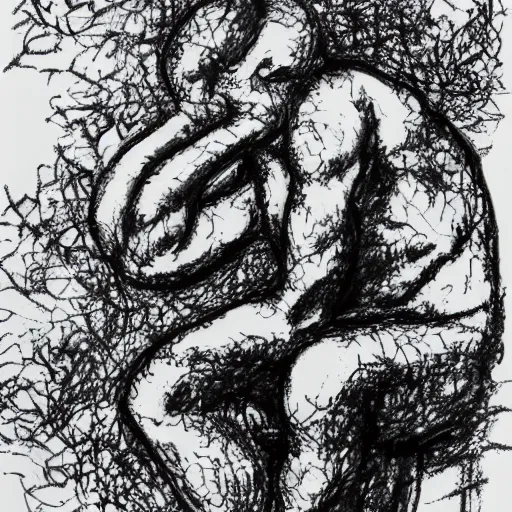 Prompt: The Thinker Sculpture covered in mushrooms and peyote, sitting in a dense luscious forest, ink sketch, Naturalist
