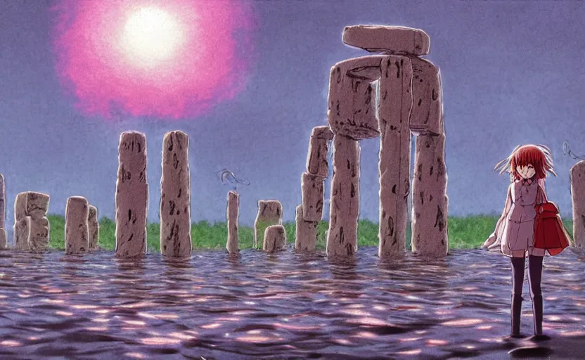 Image similar to a realistic cell - shaded studio ghibli concept art from paprika ( 2 0 0 6 ) of a flying multi - colored octopus from close encounters of the third kind ( 1 9 7 7 ) and a grey long - haired witch in a flooded stonehenge on a misty starry night. very dull colors, wide shot, hd, 4 k, hq