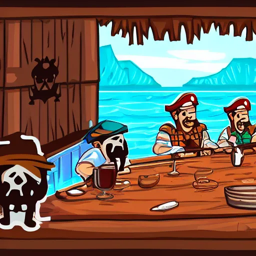 Prompt: important pirates drinking grog in a tavern table pixel