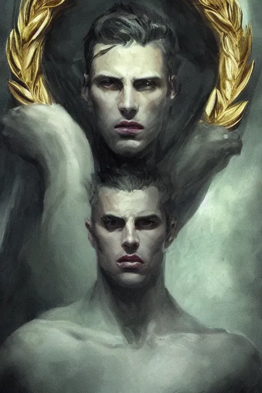 Image similar to a masculine elegant man from sideview with large shoulders and wearing golden laurel wreath, ethereal horror fantasy art by greg rutkowski and magali villanueve and monet con