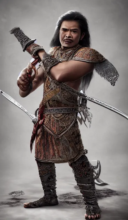 Prompt: a medium shot, studio photographic portrait of gatot kaca by David Silis, wielding a keris sword,javanese mythology,concept art,realistic,photorealistic,8k