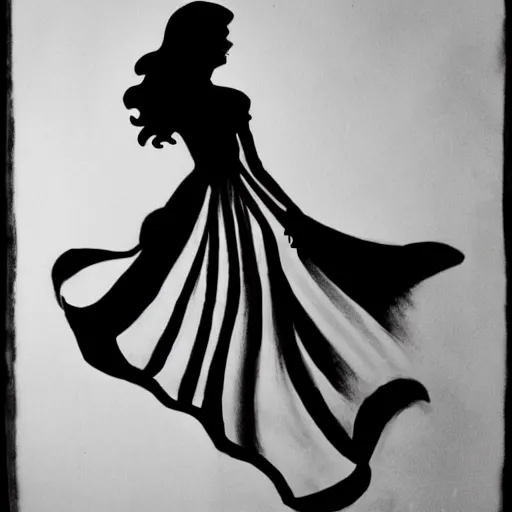 Prompt: a black and white drawing of the silhouette of a woman with long curly hair using a dress