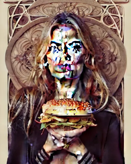 Prompt: Beautiful and playful portrait of kate moss eating a big mac, art nouveau, fantasy, intricate flower designs, elegant, highly detailed, sharp focus, art by Artgerm and Greg Rutkowski and WLOP