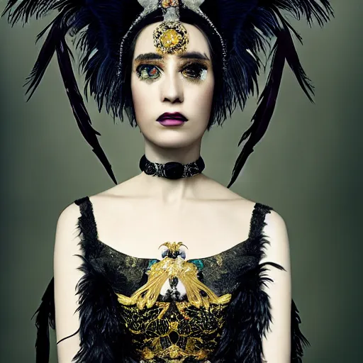 Image similar to a hyperrealistic portrait of a fierce proud queen of ravens, in a black dress with a collar made of iridescent feathers and golden adornments, geometrical background, intricate details, by zhang jingna and soey milk and amir ershadi and anja millen