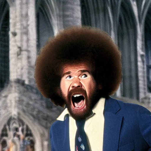 Prompt: bob ross screaming in a cathedral