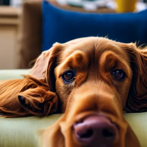 Prompt: a cute spaniel, Labrador and golden retriever spread out on a plush blue sofa. Award winning photograph, soft focus, depth of field, rule of thirds, national geographic, golden hour, zoomed out