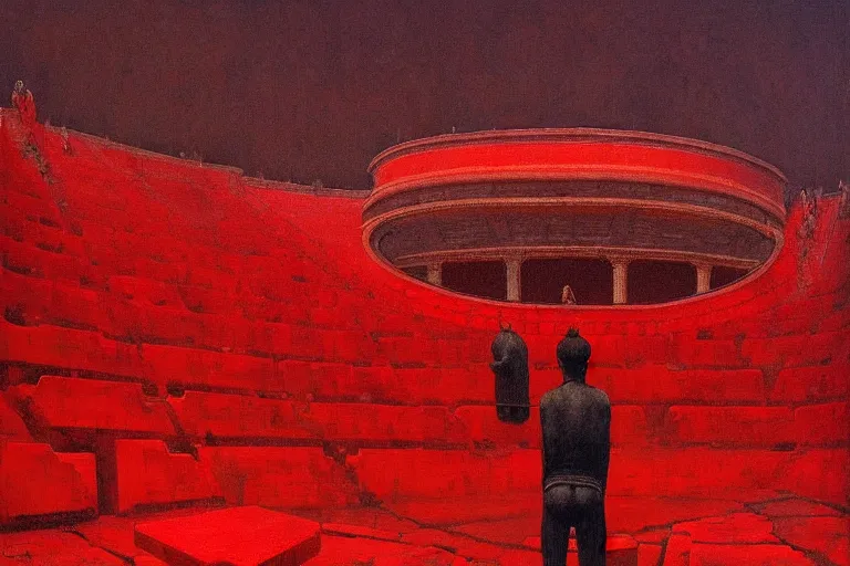 Image similar to only with red, a red melted emperor, taormina amphitheatre, crowd hails him, in the style of beksinski, parts by edward hopper, parts by rodcenko, parts by yue minjun, intricate and epic composition, red by caravaggio, insanely quality, highly detailed, masterpiece, red light, artstation, 4 k