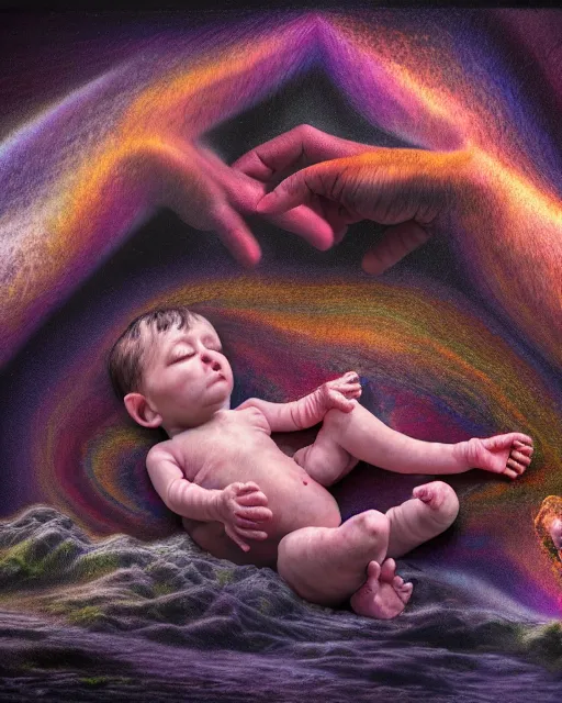 Prompt: realistic scene of a creation of first human baby, psychedelic, dark art, facing camera, photo realistic, detailed, 1 4 5 0, delicate, hyper realism, ultra realistic, 8 k