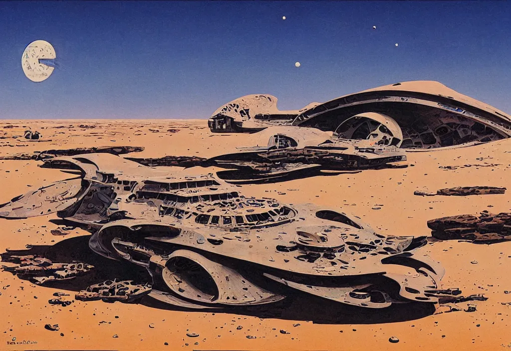 Image similar to remains of a spaceship in a desert by robert mccall