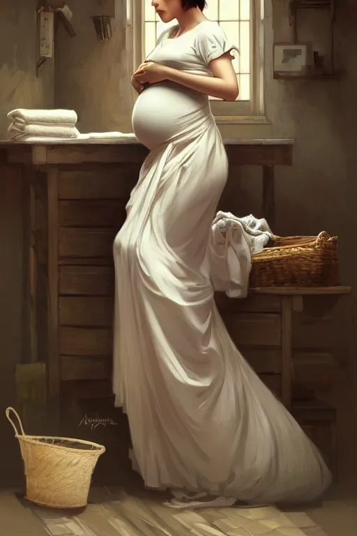 Image similar to rural pregnant woman doing laundry, portrait, elegant, intricate, digital painting, artstation, concept art, smooth, sharp focus, illustration, art by artgerm and greg rutkowski and alphonse mucha