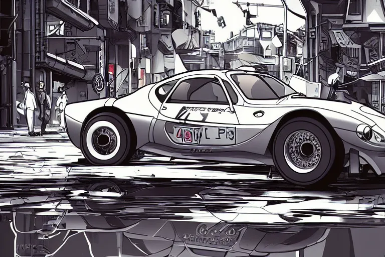 Prompt: 1935 BMW M1 Stratos, city in anime cyberpunk style by Hayao Miyazaki