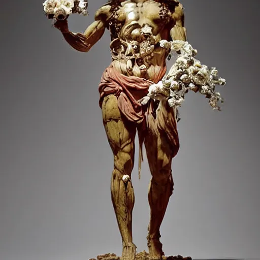 Image similar to a man in the form of a Greek sculpture with a mask in the form of a skull and wreath of flowers skulls in hands dressed in a biomechanical dress, red white and gold color scheme, baroque, by Michelangelo