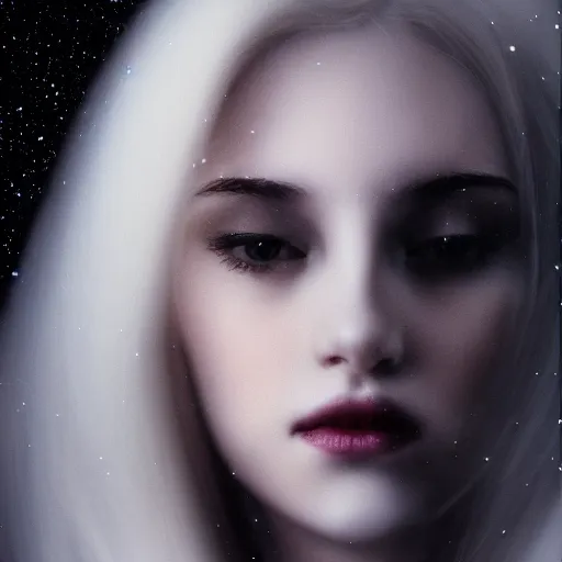 Prompt: Painting of a beautiful woman under a black sky filled with stars, long blonde hair, delicate, pale milky white porcelain skin in long silky cloth, rendered in octane. 8K. Extremely detailed.