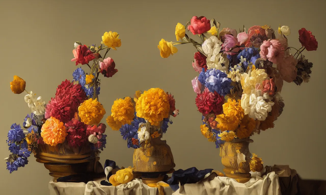 Image similar to still life of a big vase of flowers painted by Johannes Vermeer, vivid colors, high details, cinematic, 8k resolution, beautiful detailed, photorealistic, digital painting, artstation, concept art, smooth, sharp focus, illustration, fantasy background, artstation trending, octane render, unreal engine