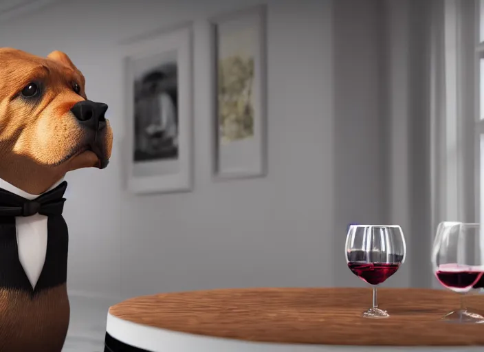 Image similar to a portait picture of a dog wearing a formal suit near a table with a cup of wine, concept art, octane render, unreal engine 5, 4K, symmetrical, low contrast, serene landscape, calm, relaxing, high quality, highly detailed, high coherence, path tracing, natural light, trending on DeviantArt