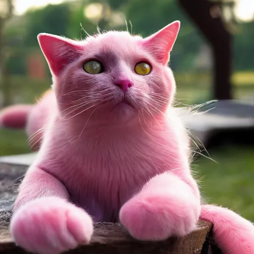 Image similar to photo of a pink cat with pink fur, eating a hamburger, biting a hamburger-C 12