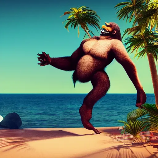 Image similar to king kong in a bikini clearing a space for himself at the beach, cinematic, octane render, sunny day, tropical island.