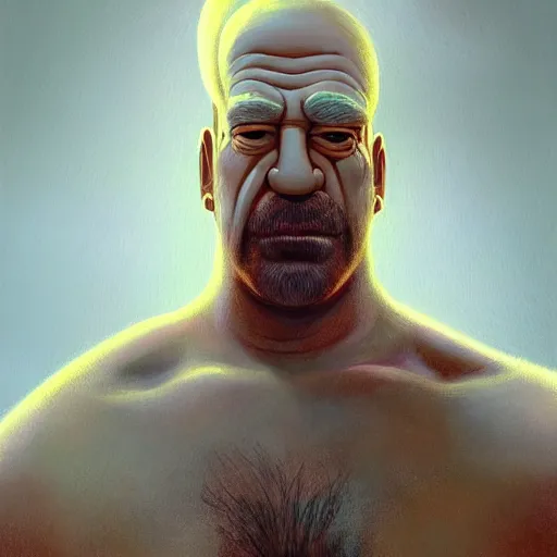 Prompt: painted portrait of rugged [ homer simpson ], god of thunder, greek god, white hair, masculine mature ruggedly handsome beefy brawny [ chest hair ] upper body torso robe fantasy intricate elegant highly detailed digital painting, artstation, concept art, smooth, atmospheric lighting sharp focus illustration art by craig mullins greg rutkowski