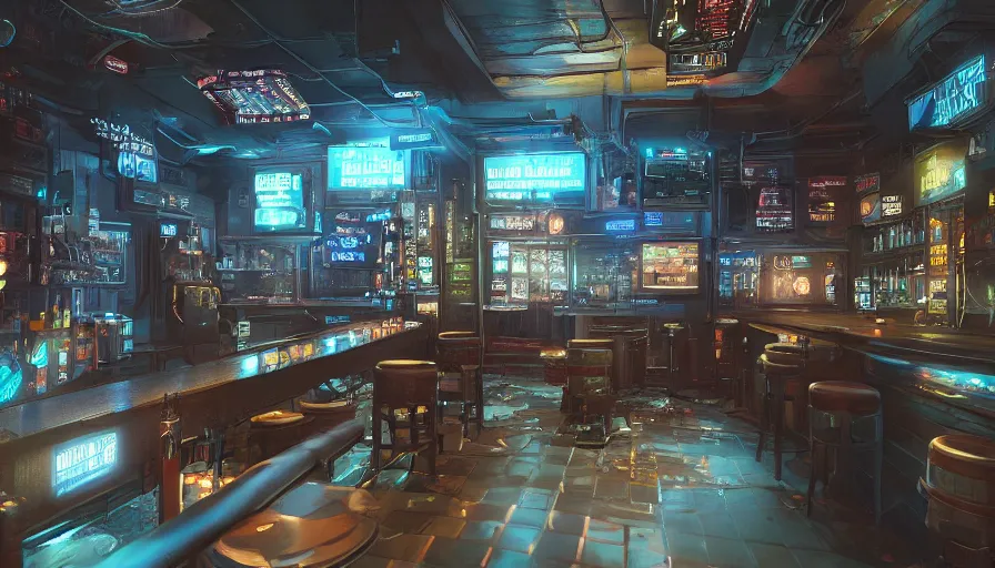 Prompt: cyberpunk themed pub, very detailed, octane render, 4 k, trending on artstation