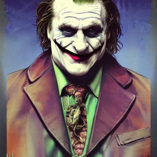 Prompt: [Gerard Depardieu as the Joker as president of France!, closeup, D&D, intricate, elegant, highly detailed, digital painting, artstation, concept art, matte, sharp focus, illustration, art by Artgerm and Greg Rutkowski and Alphonse Mucha]