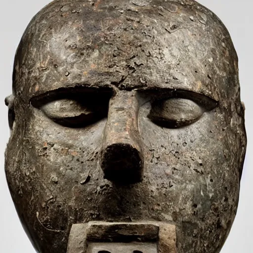 Image similar to an extremely ancient ironman bust that is tarnished and covered in sediment from uncovered earth expedition, rare photograph, smithsonian,