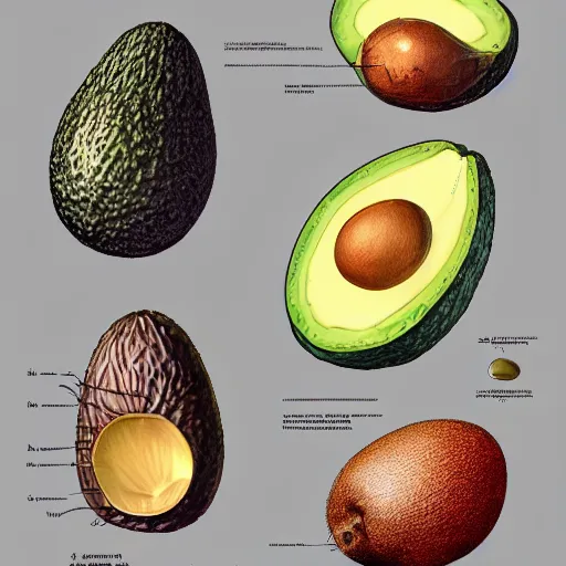 Image similar to anatomy of a avocado, da vinci notes, ultradetailed, anatomy study, artstation