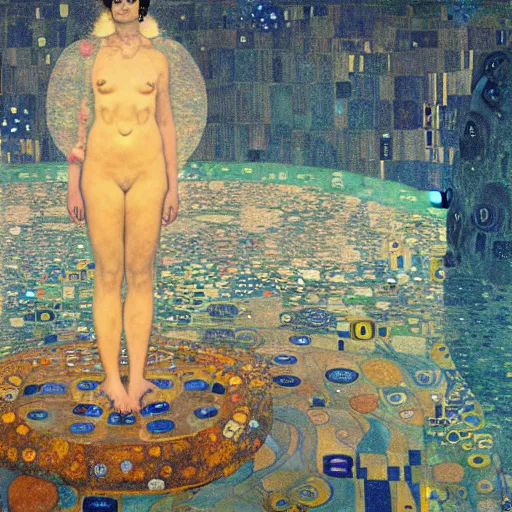 Image similar to portrait of a surreal goddess floating in front of a futuristic ancient Atlantis, painting by Gustav Klimt and Greg Rutkowski