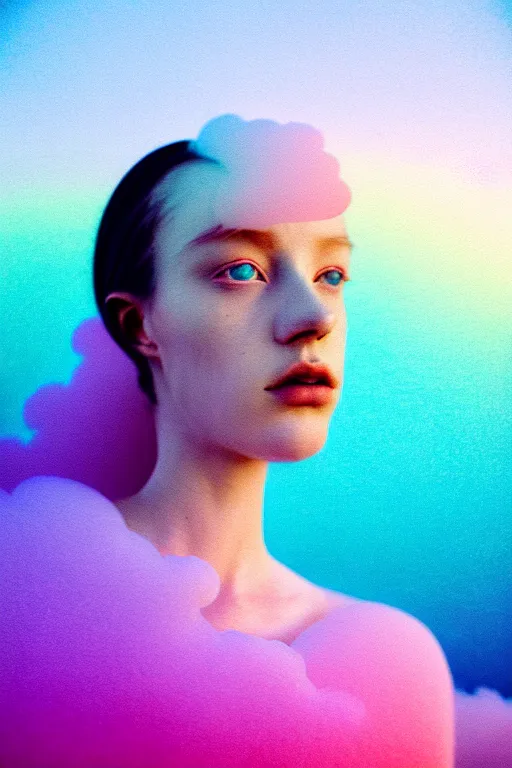 Image similar to high quality pastel coloured film close up wide angle photograph of a model wearing clothing swimming on cloud furniture in a icelandic black rock!! environment in a partially haze filled dreamstate world. three point light, rainbow. photographic production. art directed. pastel colours. volumetric clouds. pastel gradient overlay. waves glitch artefacts. extreme facial clarity. 8 k. filmic.