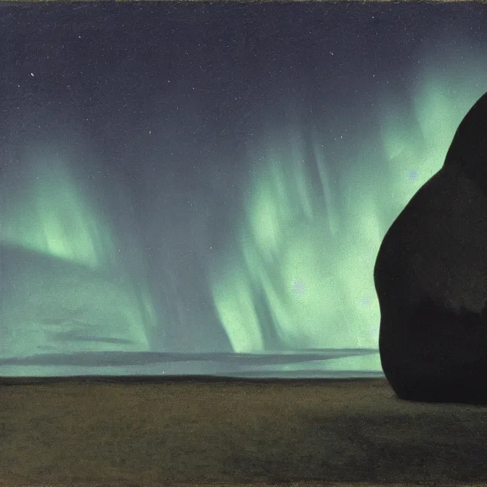 Image similar to the giant boulder, dark obsidian rock of ages filling up the interior of a house, cracking it's walls. aurora borealis. painting by hammershoi, zurbaran, monet