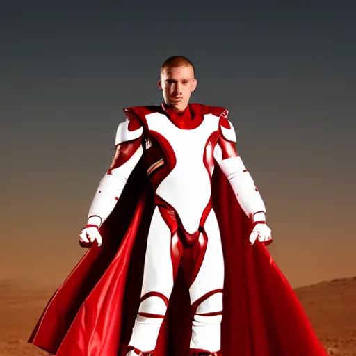 Image similar to portrait of a tall muscular infantry man in glossy sleek white armor with small red details and a long red cape, heroic posture, determined expression, on the surface of mars, night time, dramatic lighting, cinematic, sci-fi, hyperrealistic, movie still